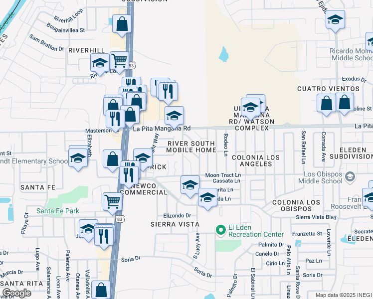 map of restaurants, bars, coffee shops, grocery stores, and more near 2509 Richard Lane in Laredo