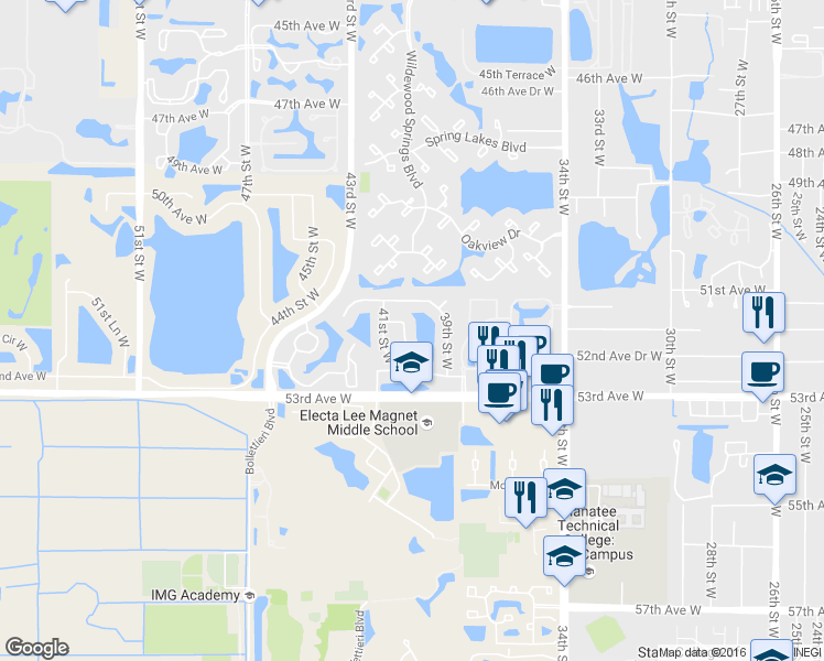 map of restaurants, bars, coffee shops, grocery stores, and more near 5109 40th Street West in Bradenton