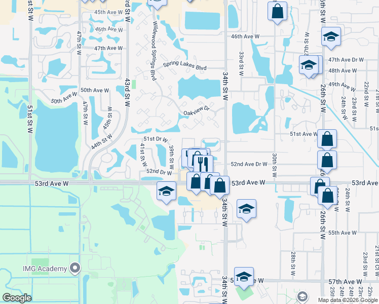 map of restaurants, bars, coffee shops, grocery stores, and more near 3524 51st Avenue West in Bradenton