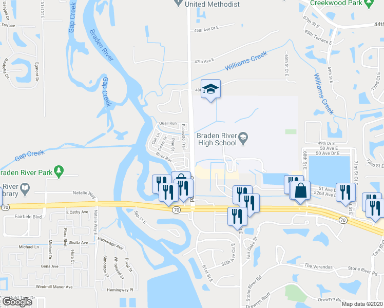 map of restaurants, bars, coffee shops, grocery stores, and more near 116 Palmetto Trail in Bradenton