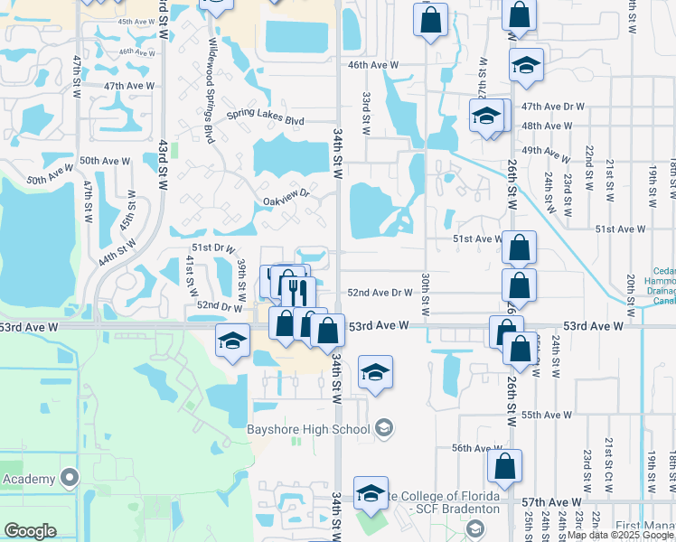 map of restaurants, bars, coffee shops, grocery stores, and more near 34th Street West in Bradenton