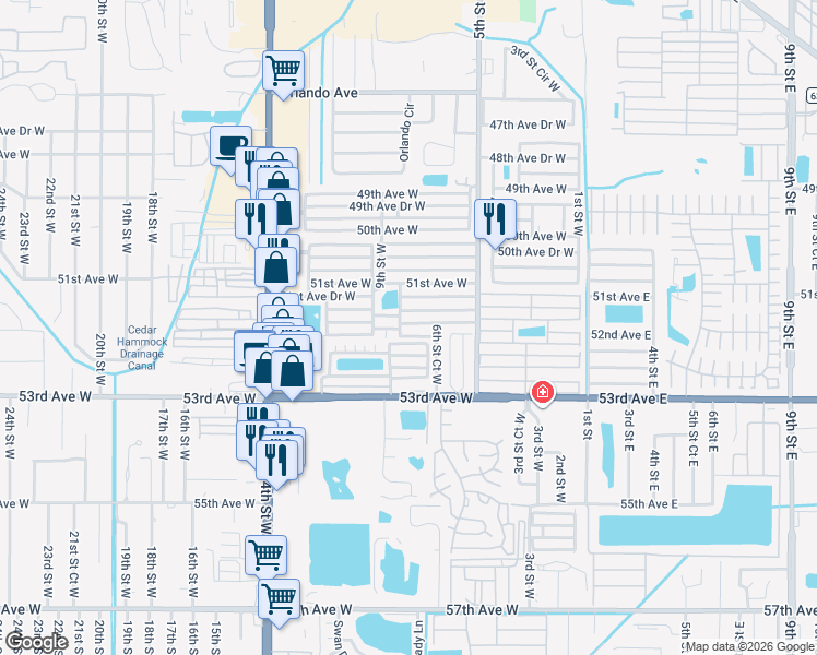 map of restaurants, bars, coffee shops, grocery stores, and more near 804 52nd Avenue West in Bradenton