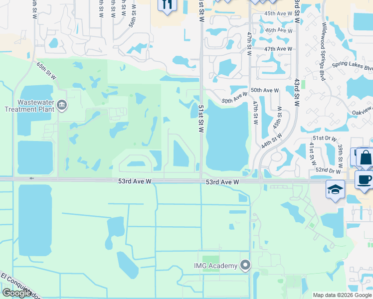 map of restaurants, bars, coffee shops, grocery stores, and more near 5142 51st Lane West in Bradenton