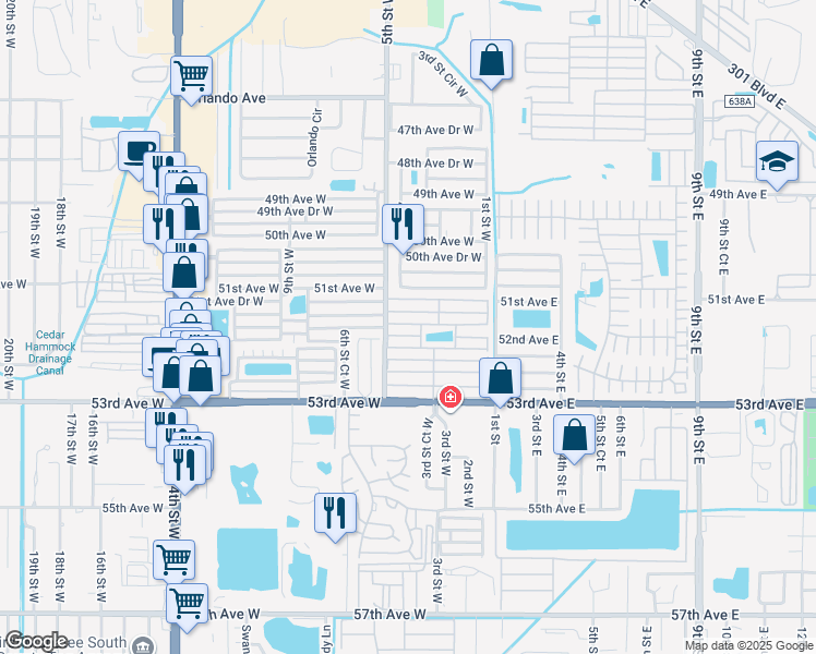 map of restaurants, bars, coffee shops, grocery stores, and more near 312 51st Avenue Terrace West in Bradenton