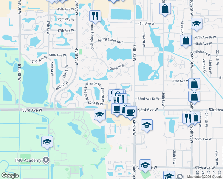 map of restaurants, bars, coffee shops, grocery stores, and more near 3524 51st Avenue West in Bradenton