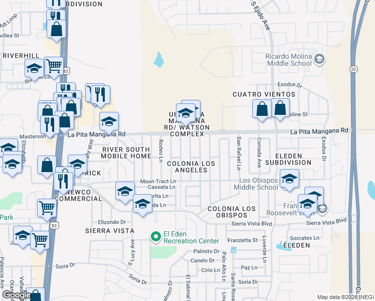 map of restaurants, bars, coffee shops, grocery stores, and more near 4525 La Cienega Lane in Laredo