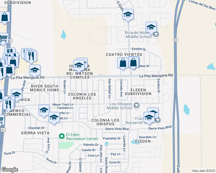 map of restaurants, bars, coffee shops, grocery stores, and more near 4622 River Lake Drive in Laredo