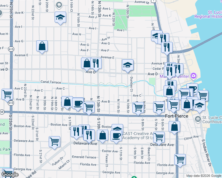 map of restaurants, bars, coffee shops, grocery stores, and more near 314 North 12th Street in Fort Pierce