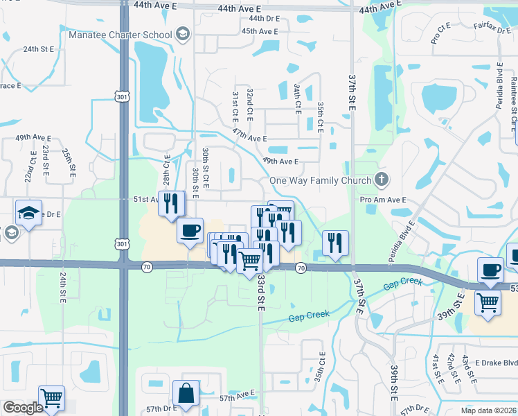 map of restaurants, bars, coffee shops, grocery stores, and more near 3213 52nd Avenue East in Bradenton