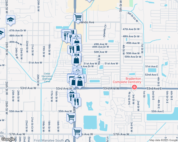 map of restaurants, bars, coffee shops, grocery stores, and more near 5147 11th Street West in Bradenton