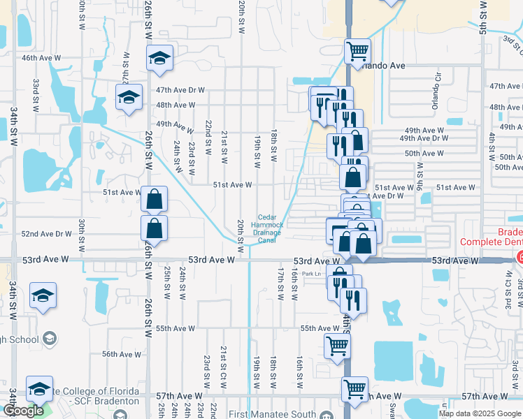 map of restaurants, bars, coffee shops, grocery stores, and more near 5113 19th Street West in Bradenton