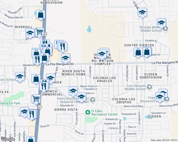 map of restaurants, bars, coffee shops, grocery stores, and more near 4526 Rodeo Lane in Laredo