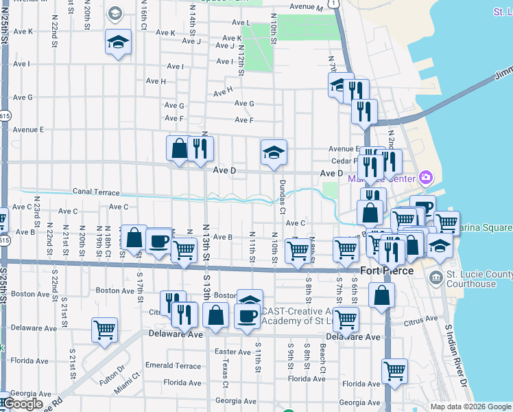 map of restaurants, bars, coffee shops, grocery stores, and more near 322 North 11th Street in Fort Pierce