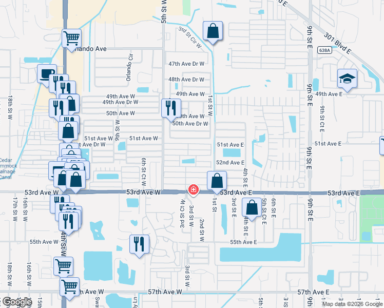 map of restaurants, bars, coffee shops, grocery stores, and more near 205 52nd Avenue East in Bradenton
