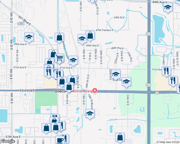 map of restaurants, bars, coffee shops, grocery stores, and more near 5119 18th Lane East in Bradenton