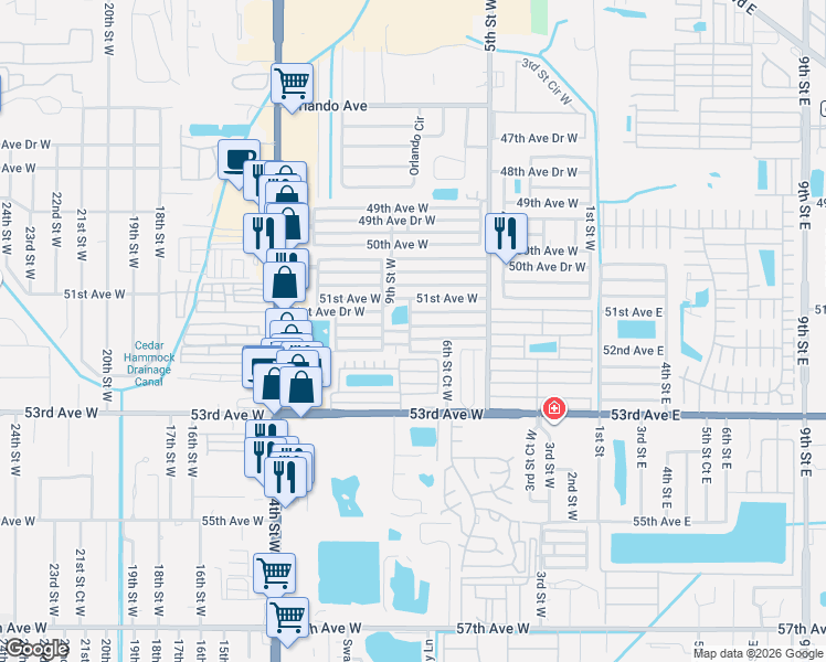 map of restaurants, bars, coffee shops, grocery stores, and more near 804 52nd Avenue West in Bradenton