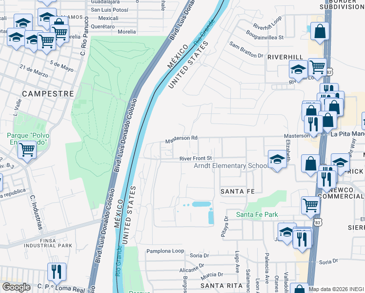 map of restaurants, bars, coffee shops, grocery stores, and more near 4513 Neches Avenue in Laredo