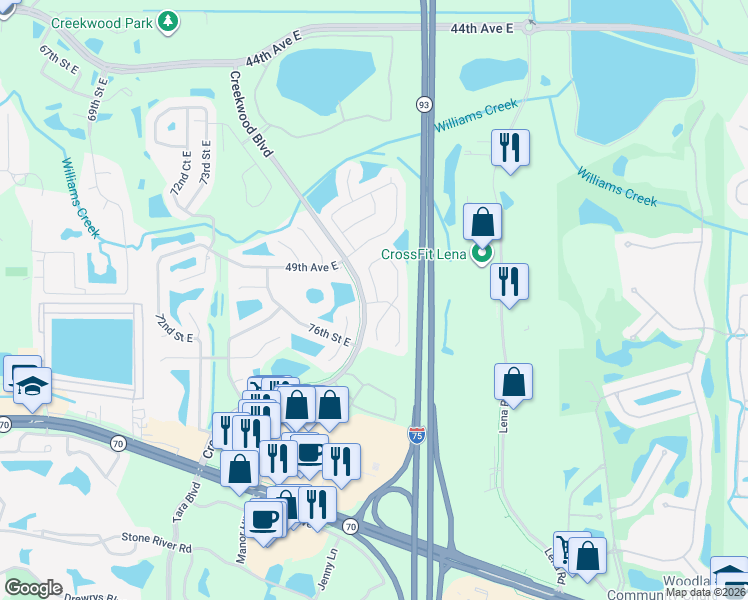 map of restaurants, bars, coffee shops, grocery stores, and more near 5204 78th Street East in Bradenton