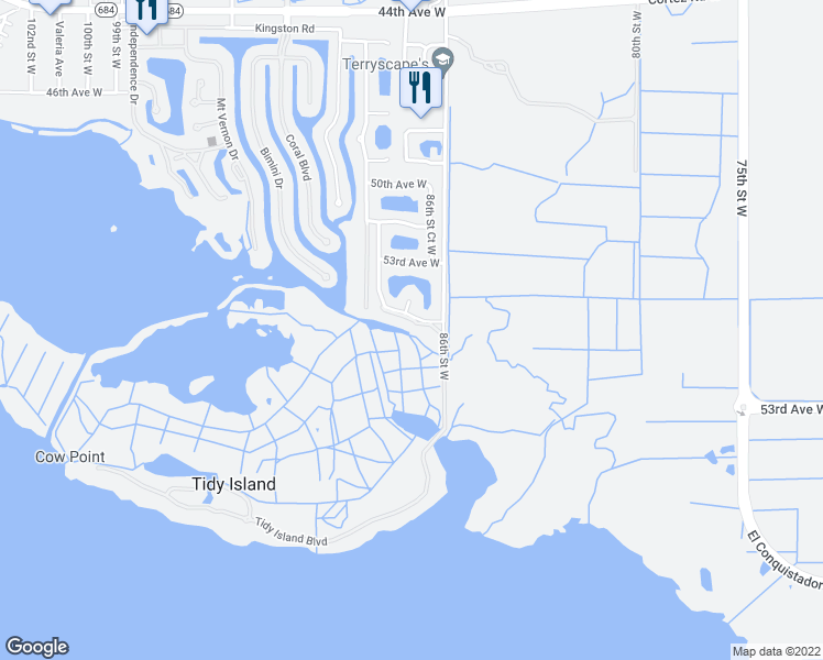 map of restaurants, bars, coffee shops, grocery stores, and more near 8636 54th Avenue West in Bradenton
