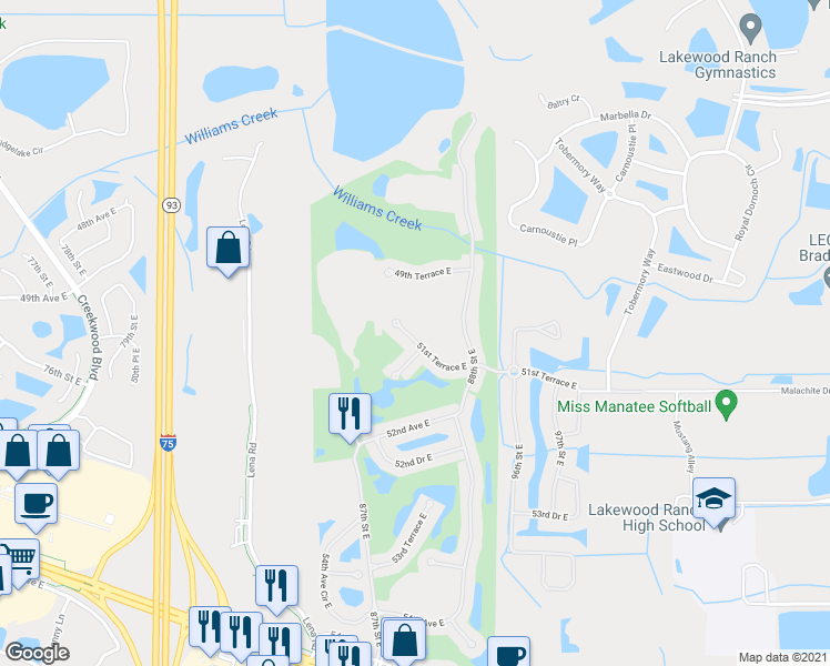 map of restaurants, bars, coffee shops, grocery stores, and more near 8711 51st Terrace East in Bradenton