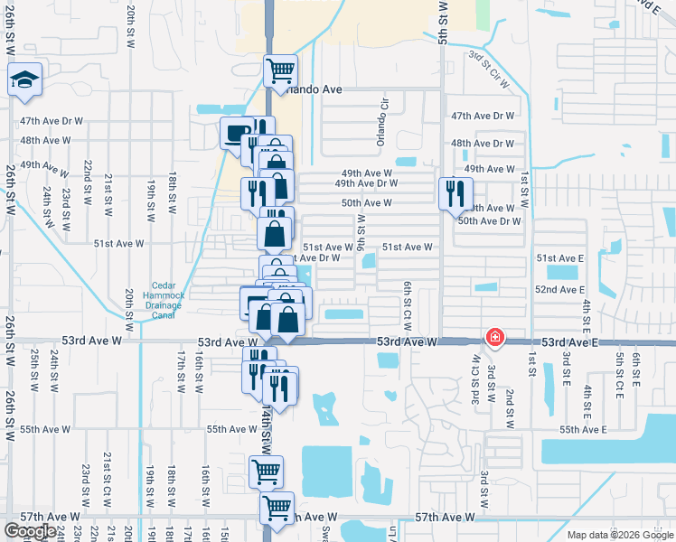 map of restaurants, bars, coffee shops, grocery stores, and more near 1001 52nd Avenue West in Bradenton