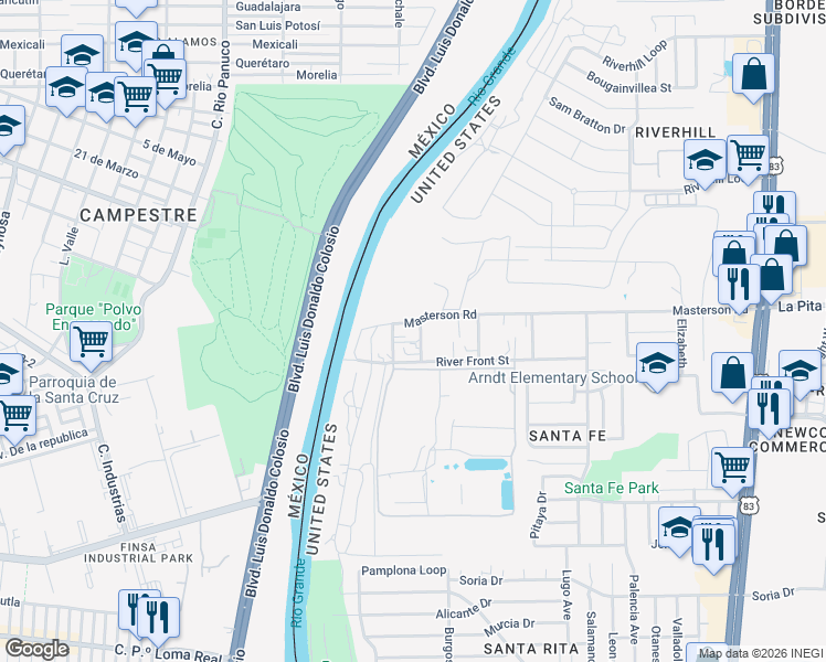 map of restaurants, bars, coffee shops, grocery stores, and more near 102 River Front Street in Laredo