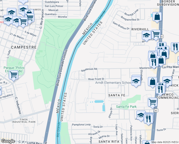 map of restaurants, bars, coffee shops, grocery stores, and more near 201 Masterson Road in Laredo
