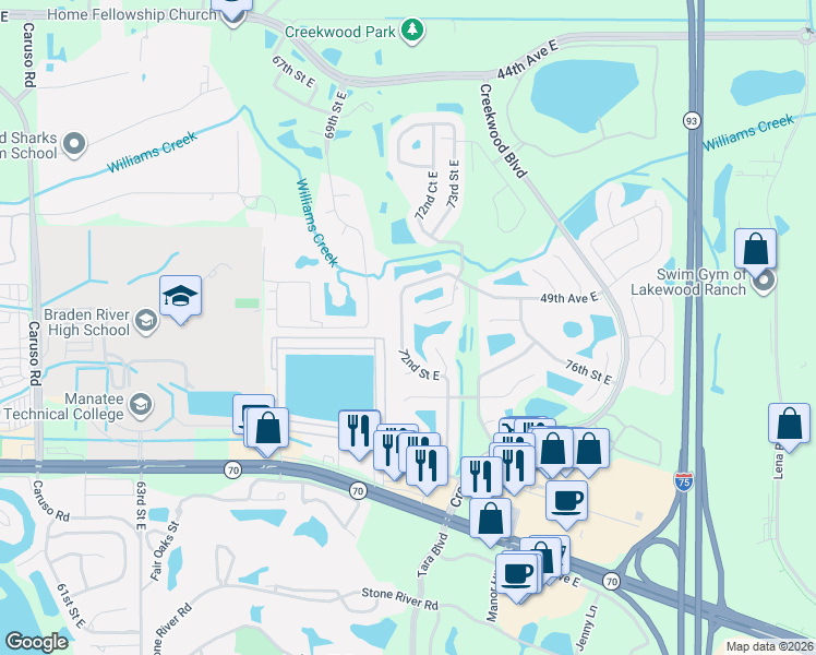 map of restaurants, bars, coffee shops, grocery stores, and more near 4958 72nd Court East in Bradenton