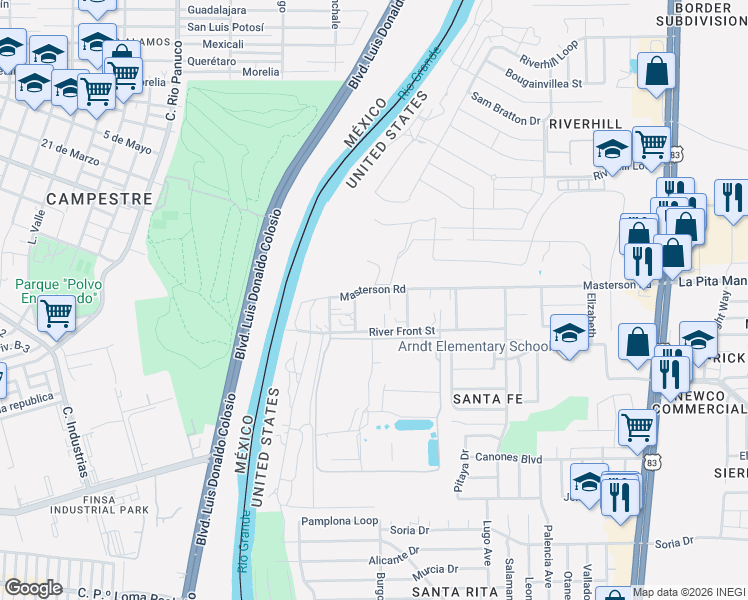 map of restaurants, bars, coffee shops, grocery stores, and more near 201 Masterson Road in Laredo