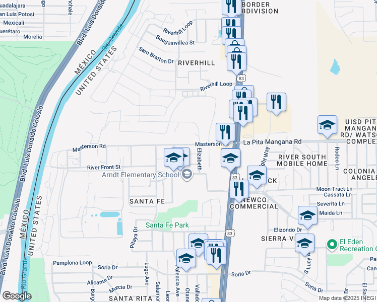 map of restaurants, bars, coffee shops, grocery stores, and more near 613 Masterson Road in Laredo