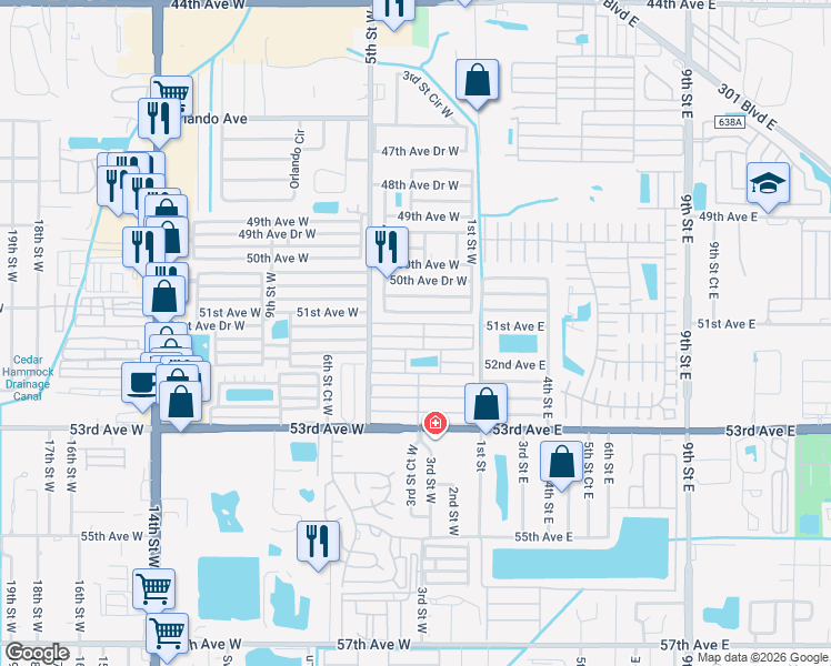 map of restaurants, bars, coffee shops, grocery stores, and more near 404 50th Avenue Terrace West in Bradenton