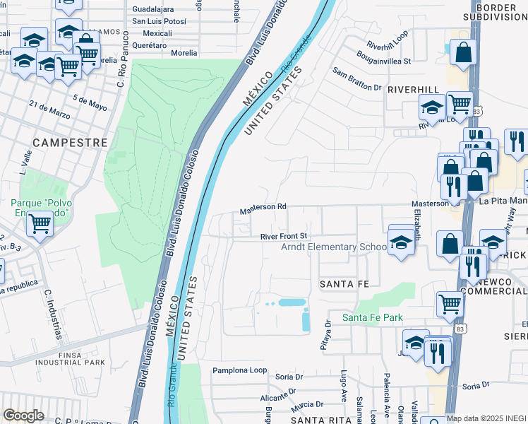 map of restaurants, bars, coffee shops, grocery stores, and more near 201 Masterson Road in Laredo