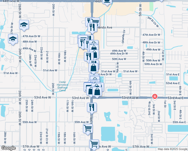 map of restaurants, bars, coffee shops, grocery stores, and more near 5105 14th Street West in Bradenton