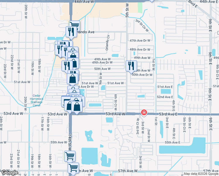 map of restaurants, bars, coffee shops, grocery stores, and more near 618 51st Avenue West in Bradenton