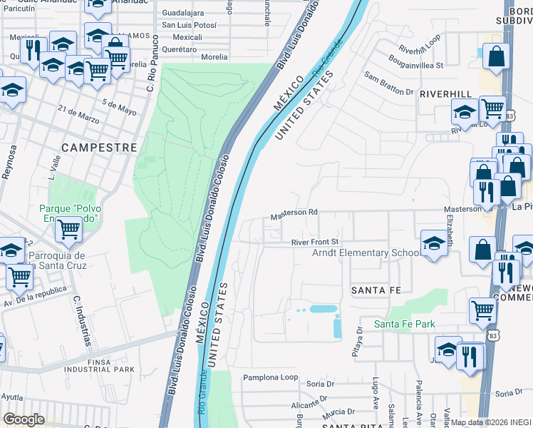 map of restaurants, bars, coffee shops, grocery stores, and more near 110 Masterson Road in Laredo