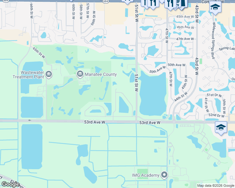 map of restaurants, bars, coffee shops, grocery stores, and more near 5107 54th Street West in Bradenton