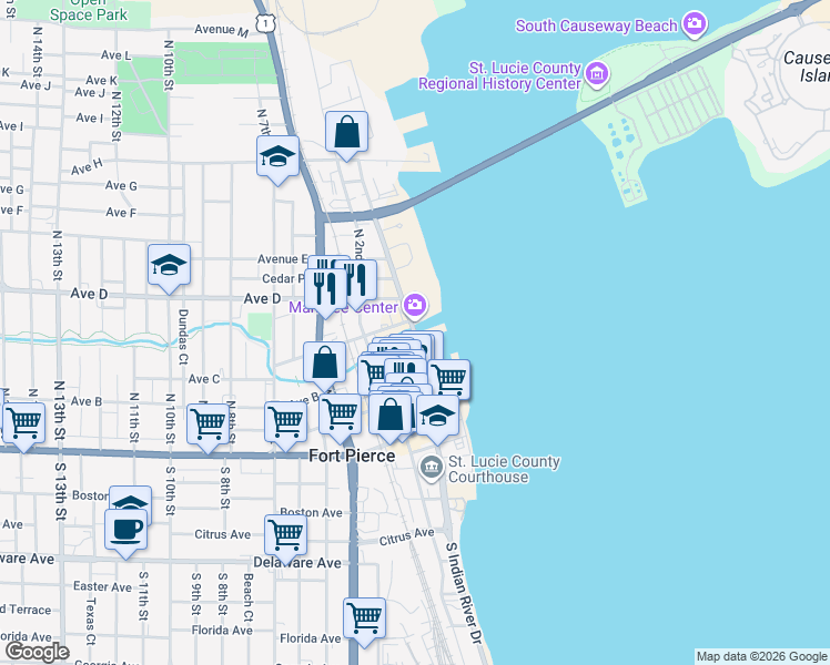 map of restaurants, bars, coffee shops, grocery stores, and more near 301 North Indian River Drive in Fort Pierce