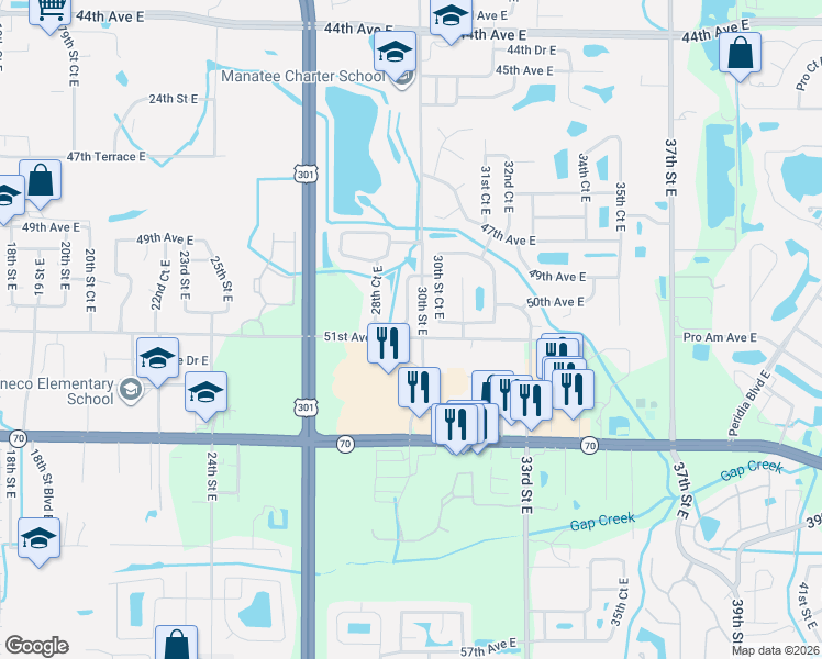map of restaurants, bars, coffee shops, grocery stores, and more near 2901 29th Lane East in Bradenton