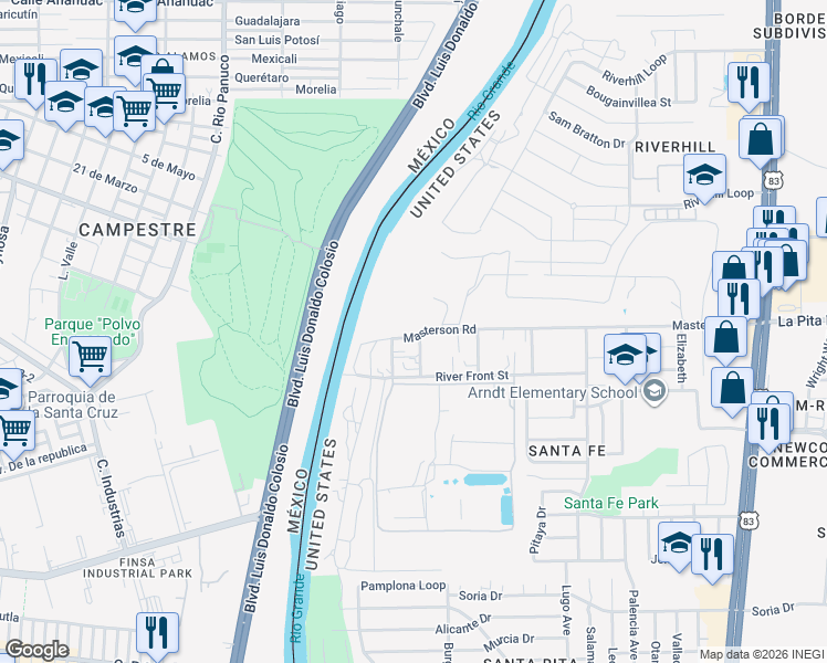 map of restaurants, bars, coffee shops, grocery stores, and more near 110 Masterson Road in Laredo