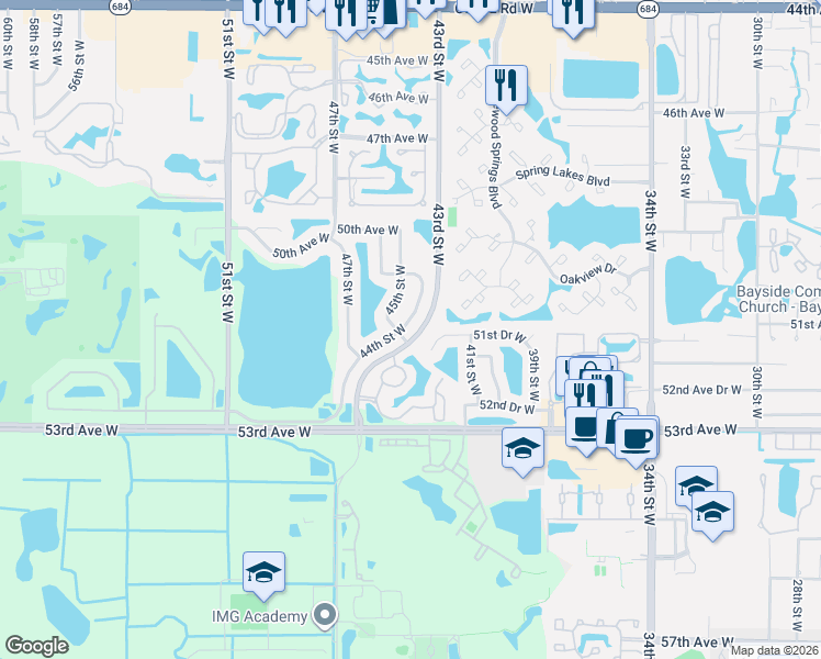 map of restaurants, bars, coffee shops, grocery stores, and more near 5043 44th Street West in Bradenton