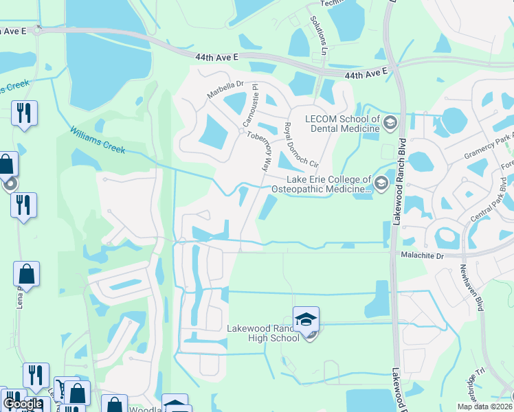 map of restaurants, bars, coffee shops, grocery stores, and more near 5002 Tobermory Way in Bradenton