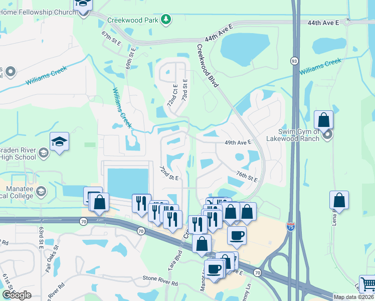 map of restaurants, bars, coffee shops, grocery stores, and more near 4921 72nd Court East in Bradenton