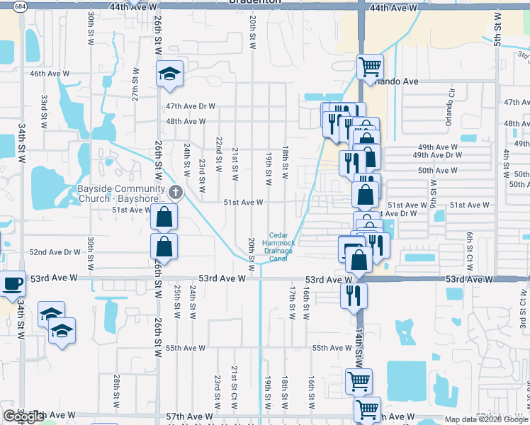 map of restaurants, bars, coffee shops, grocery stores, and more near 5104 19th Street West in Bradenton