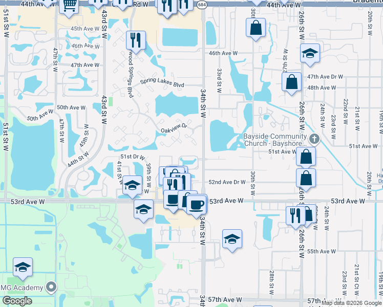 map of restaurants, bars, coffee shops, grocery stores, and more near 3429 51st Avenue Circle West in Bradenton