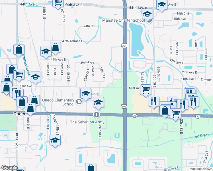 map of restaurants, bars, coffee shops, grocery stores, and more near 2423 51st Avenue East in Bradenton
