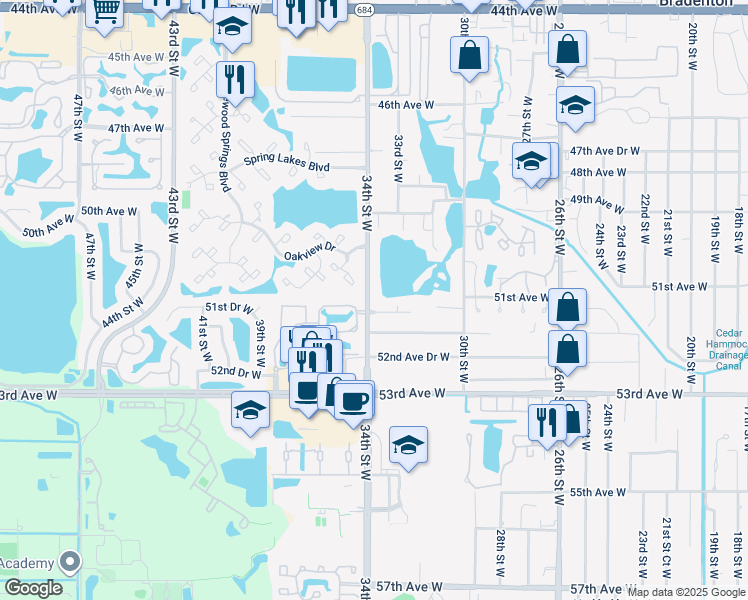 map of restaurants, bars, coffee shops, grocery stores, and more near 5105 34th Street West in Bradenton