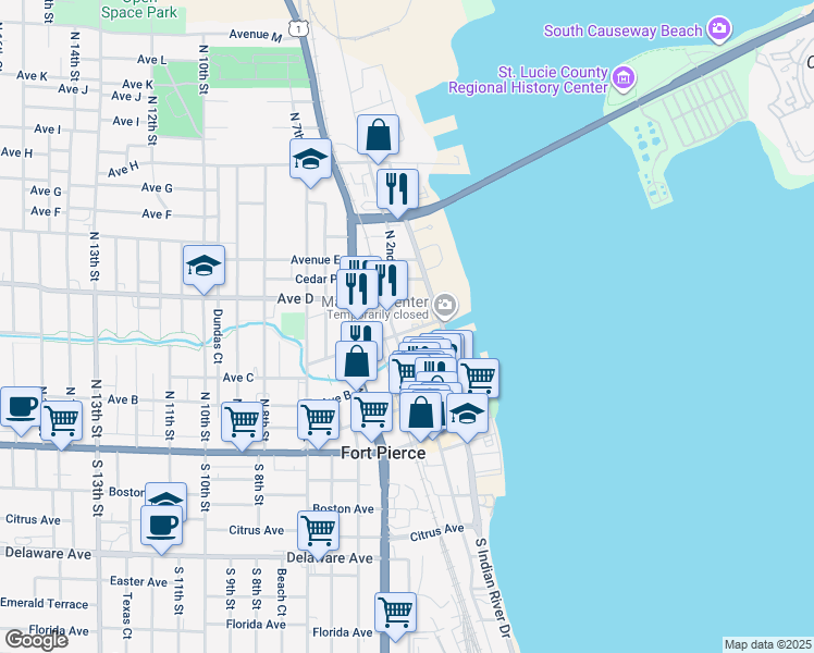 map of restaurants, bars, coffee shops, grocery stores, and more near 120 A E Backus Avenue in Fort Pierce