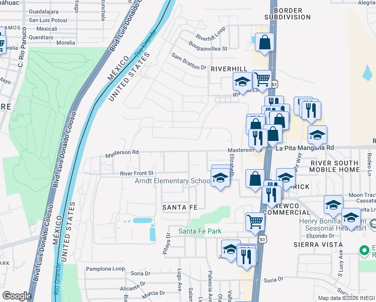map of restaurants, bars, coffee shops, grocery stores, and more near 339 Masterson Road in Laredo