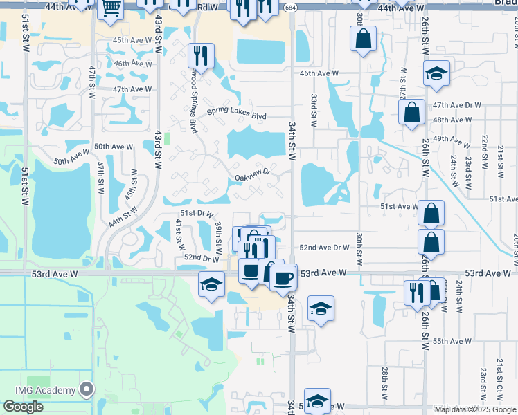 map of restaurants, bars, coffee shops, grocery stores, and more near 3429 51st Avenue Circle West in Bradenton