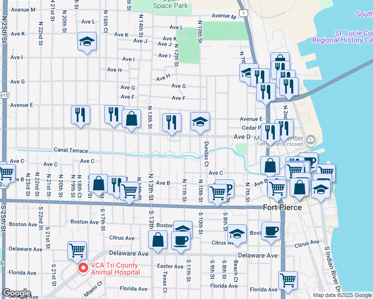 map of restaurants, bars, coffee shops, grocery stores, and more near 429 North 11th Street in Fort Pierce